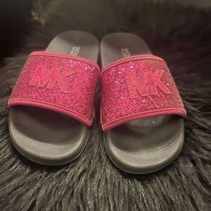 MK michael kors pink/black glitter pool slides sandals 1y - toddler/youth/kids